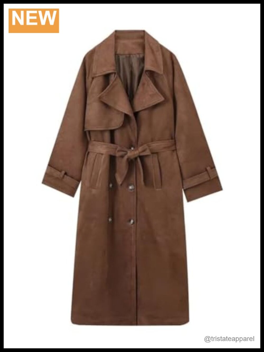 Faux Suede Trench Coat Double Breasted Long Pea Coat with Belt